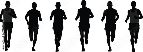 Front view jogging man silhouettes, marathon and running athlete vector illustration