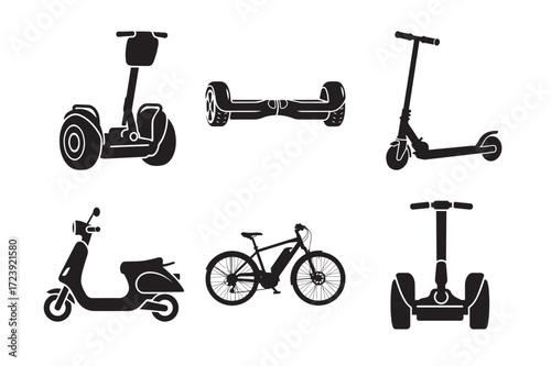 Electric Mobility Icons Set – Silhouettes of Segway, Hoverboard, Scooter, E-Bike, and Moped.