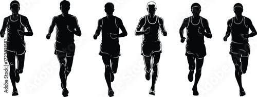 Front view running man silhouettes, jogging and marathon athlete vector illustration
