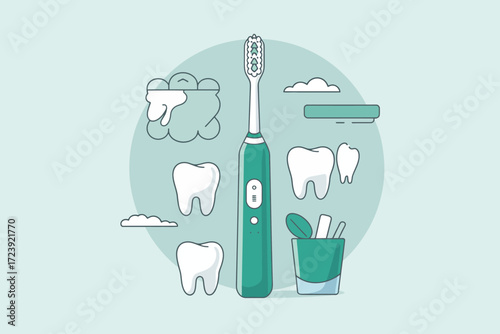 Modern electric toothbrush and dental care icons promoting oral hygiene and healthy smiles.