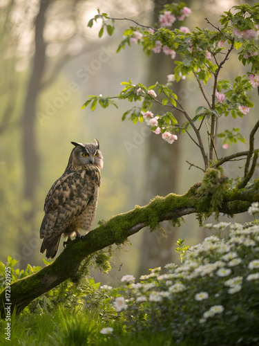 An owl is perched on a mossy branch near blooming flowers in a sunlit forest