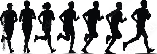 Group of running silhouettes, jogging men and women fitness sport vector illustration