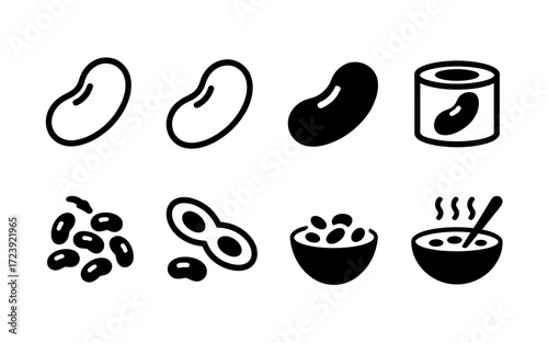 Bean Icon Set Featuring Various Bean Preparations and Styles for Culinary Designs and Nutritional Content Material