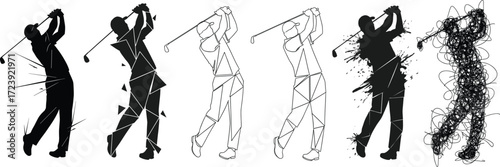 Golf player swing silhouettes, abstract polygonal and artistic styles, dynamic sports collection, vector illustration