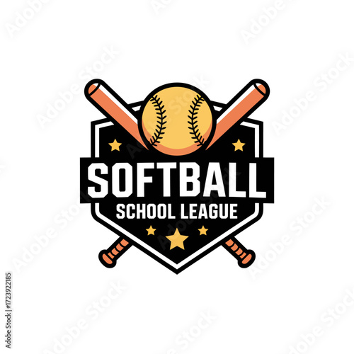Softball School League Emblem with Bats Ball and Stars for Sports Team Branding or Tournament Design Vector Illustration