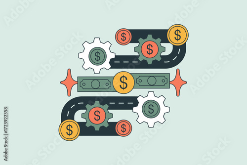 Abstract illustration of a financial process with gears and coins.