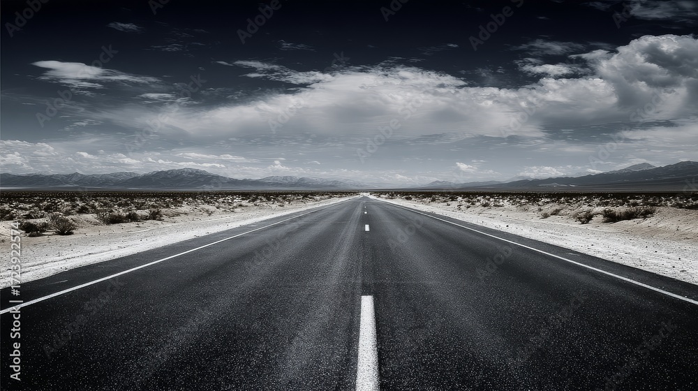 Naklejka premium Long highway stretching across desert landscape with car driving toward horizon under dramatic sky