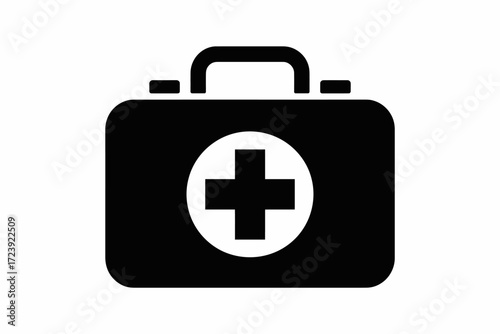 Simple black icon of a first aid kit with a white cross symbol