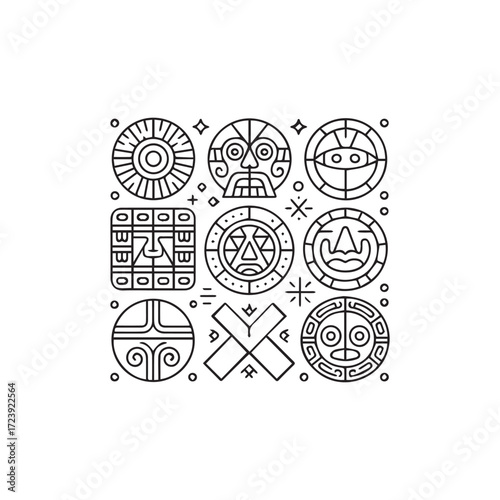 Vector art of collection of ancient tribal masks, showcasing cultural heritage and intricate ethnic design elements