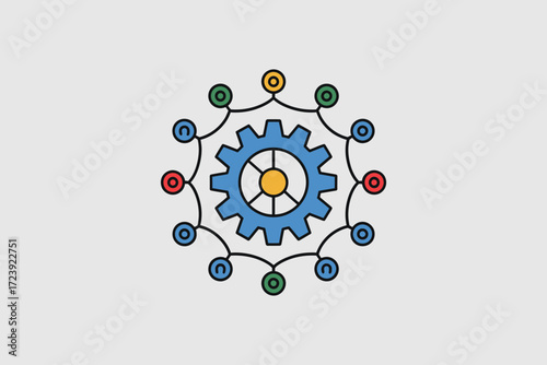 Abstract concept of interconnected systems and collaboration around a central mechanism.