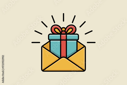 Surprise gift emerging from an open envelope, radiating joy and excitement