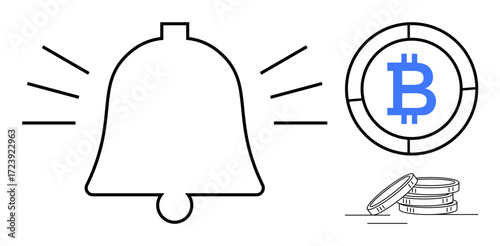 Bell ringing, Bitcoin coin symbol, and stacked coins highlight technology, finance, cryptocurrency, payments, investment, alerts and trading. Ideal for financial apps alerts digital payments