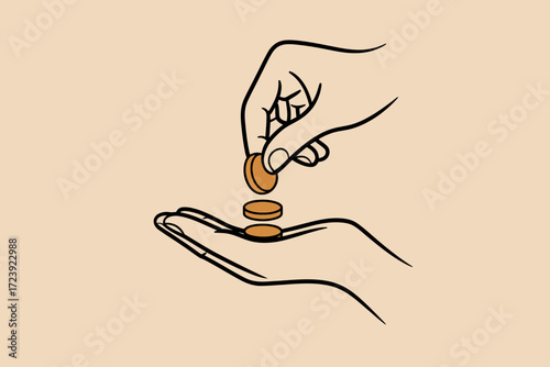 Generous hand placing coins into an open palm, symbolizing giving and financial support.