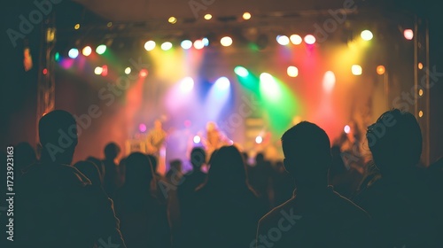 Vibrant music festival stage with cheering crowd, colorful lights, energetic performers, night concert celebration and cultural travel event