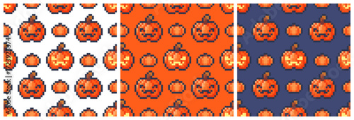 Set of seamless pixel art patterns on the theme of Halloween with pumpkins.