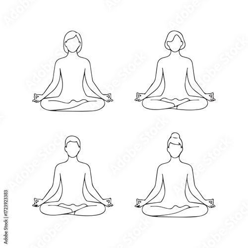 Vector art of four figures in lotus position, showcasing mindfulness and inner peace, a serene vector illustration