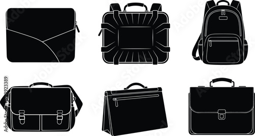 Laptop bags silhouettes, business briefcase backpack messenger office case vector illustration