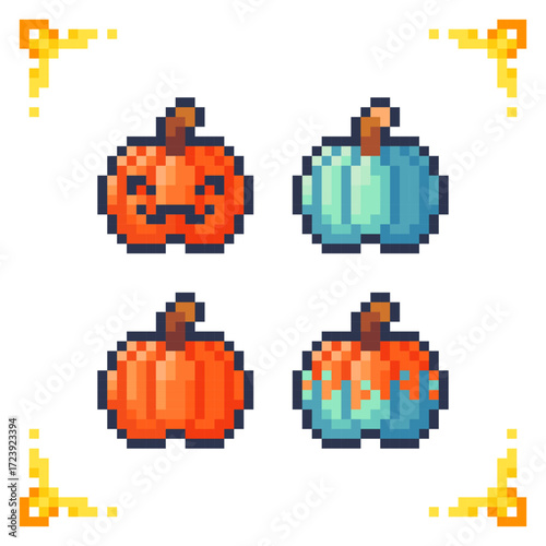 Set of pixel pumpkin icons. Ripe pumpkin, halloween pumpkin, green, half-ripe. Ideal for RPG and adventure games. 16x16 pixels