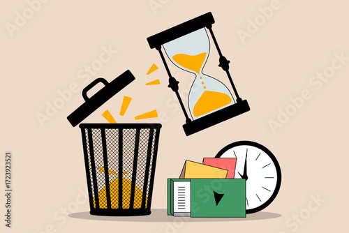 Discarding old documents and hourglass as time runs out, symbolizing urgency and deadlines.