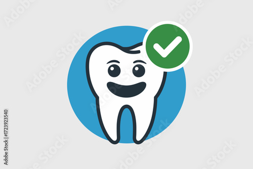 Happy cartoon tooth with a green checkmark, symbolizing good dental health and care