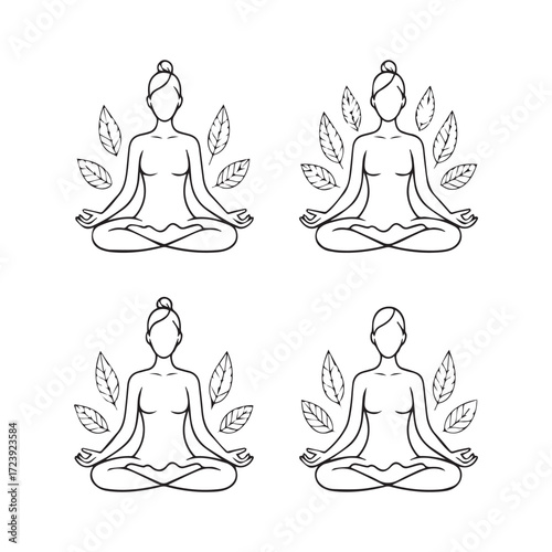 Vector art of four meditating women in lotus position surrounded by leaves a simple line art illustration for yoga or wellness concept
