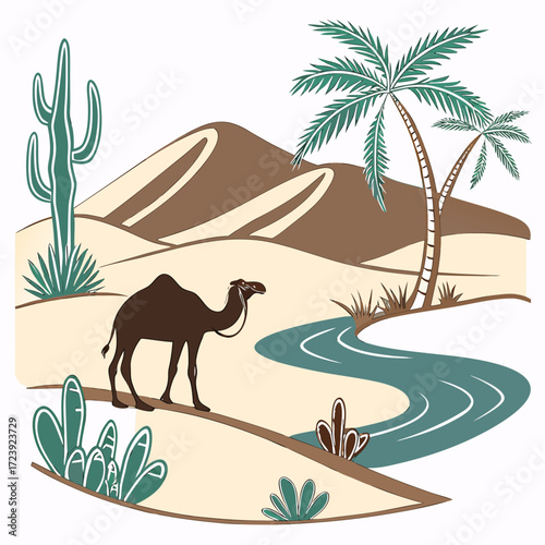 Illustration of a desert landscape with a camel, cactus, palm trees, and a river, creating a serene and arid scene, perfect for travel, nature, or cultural themes