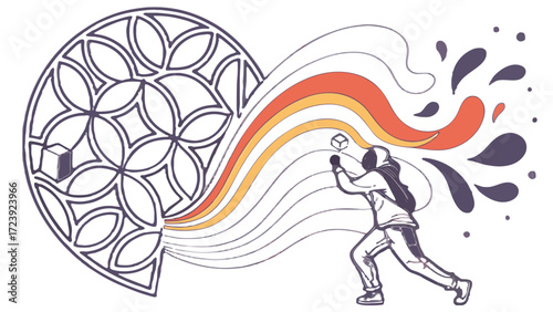 Person throwing a cube through a floral patterned portal with colorful lines and water droplets