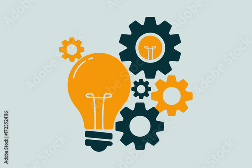 Bright idea symbolized by a glowing light bulb and interconnected gears, representing innovation and problem-solving.