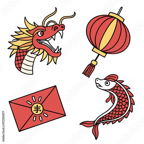 Vector art of a vibrant illustration showcases a collection of chinese new year symbols, including a majestic dragon head, a traditional red lantern, a lucky red envelope, and a playful carp, all