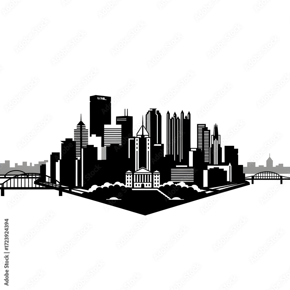 Naklejka premium City Skyline Silhouette with Bridge and Buildings