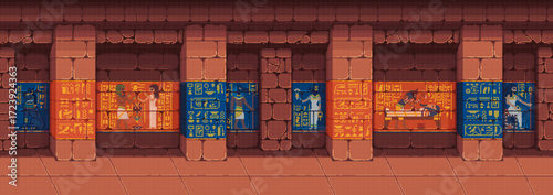 Seamless pixel art background for a 2D side-scrolling game. Ancient Egyptian dungeon or corridor.