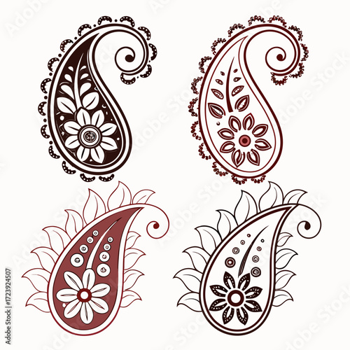 Vector art of four paisley designs in brown and burgundy hues, showcasing intricate floral patterns and traditional motifs, perfect for textile prints and decorative elements