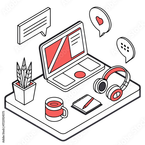 Vector art of isometric illustration of a workspace with a laptop, headphones, coffee, and plant perfect for illustrating remote work, online learning, or a cozy home office setup