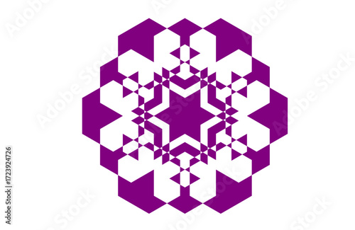 Abstract purple snowflake mandala with central six-pointed star and hexagonal crystalline arms, sacred geometry inspired ornamental pattern,decorative artwork for winter,meditation, 
yoga,and wall art