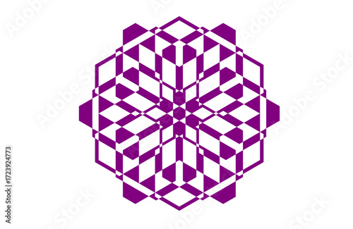 Abstract purple snowflake mandala with six-fold diamond symmetry and crystalline cube-like geometry, sacred geometry inspired ornamental pattern, decorative artwork for winter, meditation and Wall art
