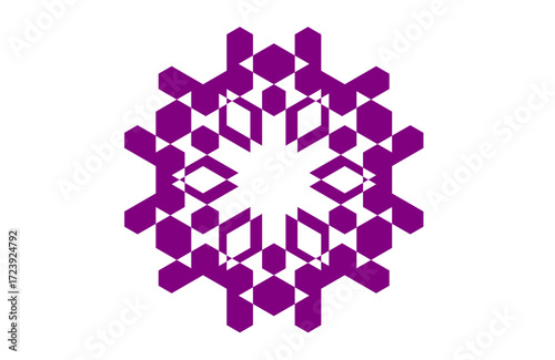 Abstract purple snowflake mandala with six crystalline arms, hexagonal symmetry and diamond cluster details, sacred geometry inspired ornamental artwork for winter, yoga, boho decor, and Wall art