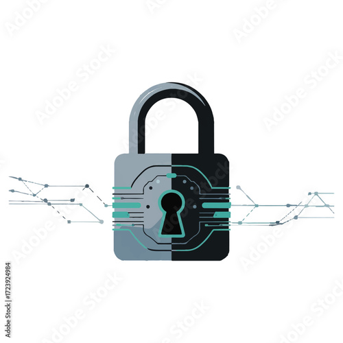 Vector art of modern padlock with digital circuit pattern, symbolizing cybersecurity, data protection, and secure access