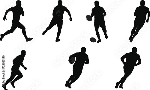 Rugby player silhouette set, running and ball action sports poses, vector illustration