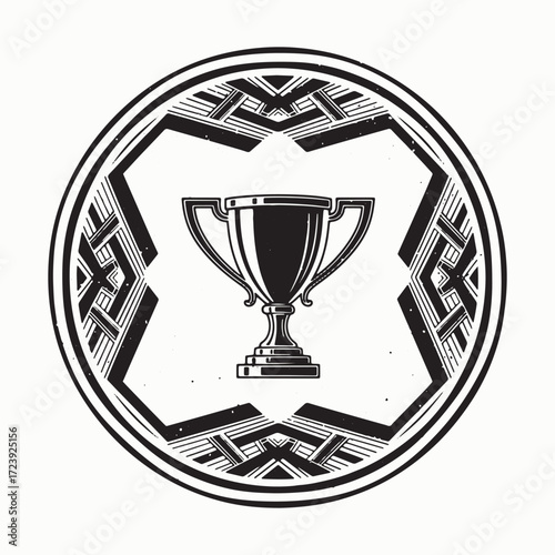 Classic trophy emblem symbolizing achievement and victory within an ornate circular frame.