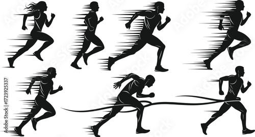 Running athlete silhouettes, sprinter marathon runner with speed motion effects, finish line sport icons, vector illustration