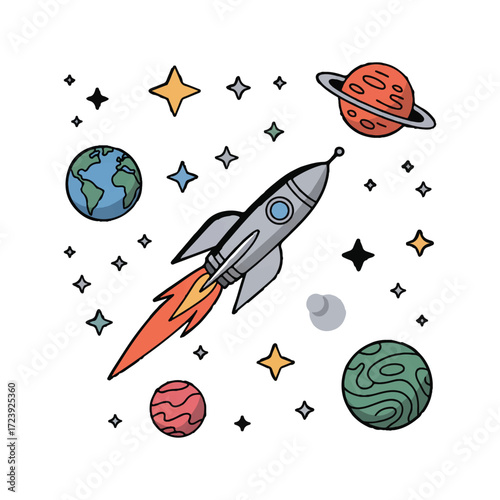Vector art of rocket and planets space exploration and astronomy concept with stars, spaceship and celestial bodies