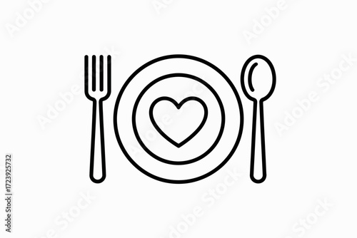 Simple illustration of a plate with a heart and cutlery, symbolizing love for food or healthy eating.