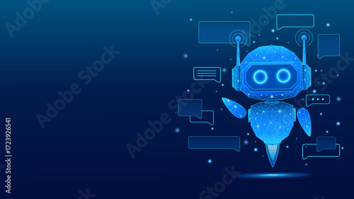 Futuristic AI chatbot in a low-polygon style, floating chats, advanced artificial intelligence, machine learning, and automation for customer service, communication, and digital technology concepts