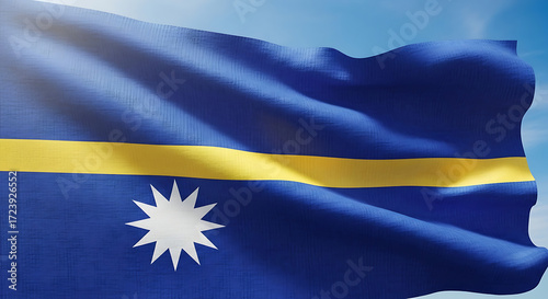 A captivating closeup showcases the national flag of nauru gracefully waving in the wind, its vibrant blue and yellow colors creating a striking visual display against a soft background