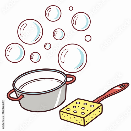 Cartoon illustration of a pot with soapy water and bubbles next to a yellow sponge for cleaning dishes