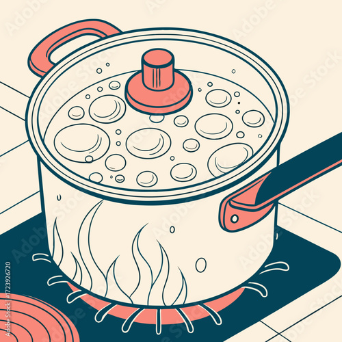 Close up illustration of a pot of boiling water on a stovetop with stylized flames and bubbles