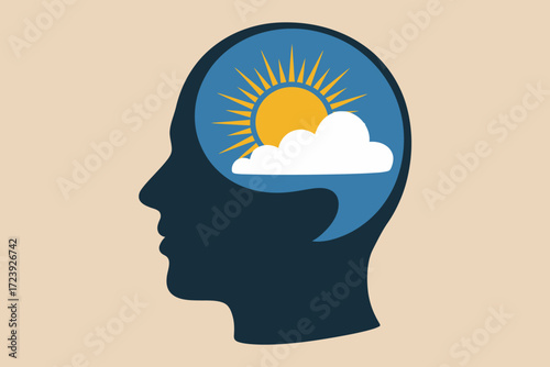 Inner world of imagination: sun and clouds within a silhouette of a human head.