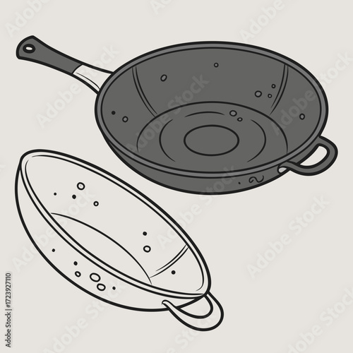 Stylized illustration of a wok and a colander with simple line art and flat gray shading