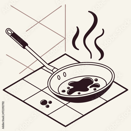 Stylized illustration of a frying pan with sizzling oil and steam on a tiled surface