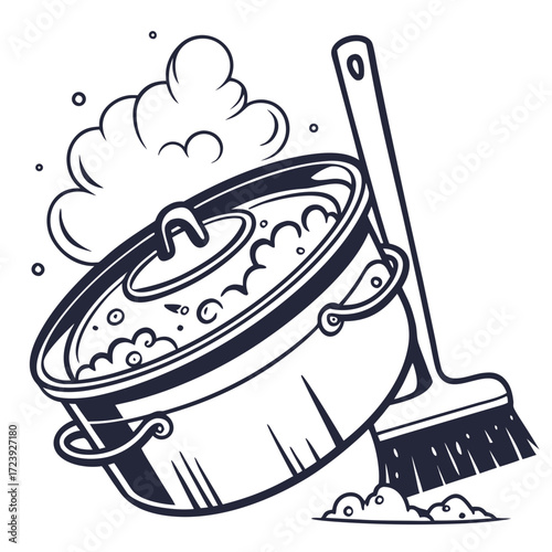 A bubbling pot with a broom and suds symbolizing cleaning and domestic chores